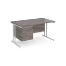 Dams Maestro 25 straight desk with grey oak finish, 800mm deep, fixed 3-drawer pedestal, and cantilever leg design.