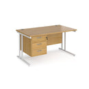 Dams Maestro 25 straight desk with 800mm depth, white oak finish, fixed 3-drawer pedestal, and cantilever leg design.