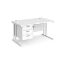 Dams Maestro 25 straight desk with 800mm depth, fixed 3-drawer pedestal, and cantilever legs in white finish