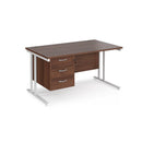 Dams Maestro 25 straight desk with walnut-white finish, 800mm deep, fixed 3-drawer pedestal, and cantilever leg design.
