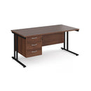 Dams Maestro 25 straight desk in walnut and black with 800mm depth, fixed 3-drawer pedestal, and cantilever legs.