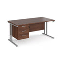 Dams Maestro 25 straight desk with walnut finish, 800mm deep, fixed 3-drawer pedestal, and cantilever leg design.