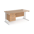 Dams Maestro 25 straight desk with white beech finish, 800mm deep, fixed 3-drawer pedestal, and cantilever legs.