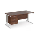 Dams Maestro 25 straight desk with walnut-white finish, 800mm depth, fixed 3-drawer pedestal, and cantilever legs.