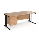 Dams Maestro 25 straight desk in beech and black with 800mm depth, fixed 3-drawer pedestal, and cantilever legs.