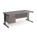 Dams Maestro 25 straight desk in grey oak with black finish, 1800mm wide, 800mm deep, fixed 3-drawer pedestal, cantilever legs