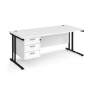 Dams Maestro 25 straight desk in white and black with 800mm depth, fixed 3-drawer pedestal, and cantilever legs.