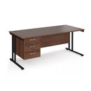 Dams Maestro 25 straight desk in walnut and black with 800mm depth, fixed 3-drawer pedestal, and cantilever legs.