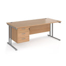 Dams Maestro 25 straight desk in beech and silver finish with 3-drawer pedestal and cantilever legs, 1800mm wide.