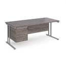 Grey oak Dams Maestro 25 straight desk with 800mm depth, fixed 3-drawer pedestal, and cantilever leg design.