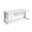 Dams Maestro 25 straight desk with white silver finish, 800mm deep, fixed 3-drawer pedestal, and cantilever leg design.