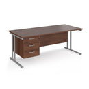 Dams Maestro 25 straight desk in walnut with silver accents, 1800mm length, 800mm depth, fixed 3-drawer pedestal, cantilever legs