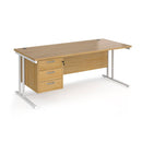 Dams Maestro 25 straight desk with 800mm depth, white oak finish, fixed 3-drawer pedestal, and cantilever legs.