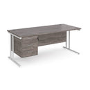 Dams Maestro 25 straight desk in grey oak and white, 1800mm wide, with 3-drawer pedestal and cantilever legs.