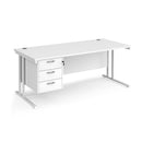 Dams Maestro 25 straight desk in white and silver with 800mm depth, fixed 3-drawer pedestal, and cantilever legs.