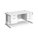 Dams Maestro 25 straight desk with white silver finish, 800mm deep, featuring fixed 2 and 3 drawer pedestals and cantilever legs