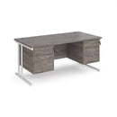 Dams Maestro 25 straight desk in grey oak and white with fixed 2-3 drawer pedestals and cantilever legs, 1600mm length.