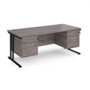 Dams Maestro 25 straight office desk in grey oak with black accents, 1800mm long, featuring fixed 2- and 3-drawer pedestals and cantilever legs.