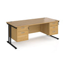 Dams Maestro 25 straight desk in nwof oak black with 800mm depth, fixed 2/3 drawer pedestals, cantilever legs