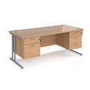 Dams Maestro 25 straight desk in beech and silver with 800mm depth, fixed 2 and 3 drawer pedestals, cantilever leg design