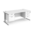 Dams Maestro 25 straight desk with white and silver finish, 1800mm length, 800mm deep, featuring fixed 2-3 drawer pedestals and cantilever legs.