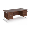 Dams Maestro 25 straight desk with walnut-white finish, 800mm deep, fixed 2 & 3 drawer pedestals, cantilever leg design.