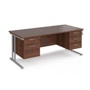 Dams Maestro 25 straight walnut desk with silver accents, 1800mm length, 800mm deep, featuring fixed 2 and 3 drawer pedestals and cantilever legs.