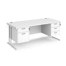 Dams Maestro 25 straight office desk with 800mm depth, fixed 2-3 drawer pedestals, cantilever leg, white finish, 1800mm length.