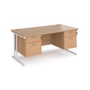 Dams Maestro 25 straight desk with beech-white finish, 800mm deep, two fixed 2-drawer pedestals, cantilever leg design.