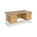 Dams Maestro 25 straight desk with white oak finish, 800mm deep, two fixed 2-drawer pedestals, cantilever legs, modern office furniture