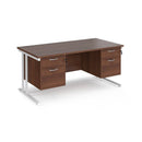Dams Maestro 25 straight desk in walnut and white with two fixed 2-drawer pedestals and cantilever legs, 800mm deep, 1600mm wide.