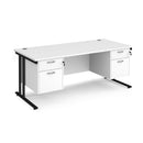Dams Maestro 25 straight desk in white and black with 800mm depth, two fixed 2-drawer pedestals, cantilever leg design.