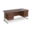 Dams Maestro 25 straight desk in walnut and silver with 800mm depth, two fixed 2-drawer pedestals, cantilever legs.