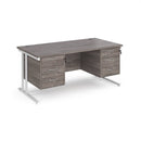 Dams Maestro 25 straight desk in grey oak and white with cantilever legs, 800mm deep, with two fixed three-drawer pedestals.