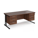 Dams Maestro 25 straight desk in walnut and black with two fixed 3-drawer pedestals and cantilever legs, 1800mm wide.