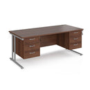 Dams Maestro 25 straight desk in walnut with silver finish, 1800mm length, 800mm deep, featuring two fixed 3-drawer pedestals and cantilever legs.
