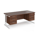 Dams Maestro 25 straight desk with walnut and white finish, 800mm deep, two fixed 3-drawer pedestals, cantilever legs.