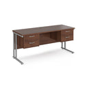 Dams Maestro 25 straight desk in walnut with silver finish, 1600x600mm, two fixed 2-drawer pedestals, cantilever legs