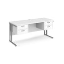 Dams Maestro 25 straight desk in white and silver with 1600x600mm surface, two fixed 2-drawer pedestals, and cantilever legs.