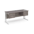 Dams Maestro 25 straight desk in grey oak and white with two fixed 2-drawer pedestals and cantilever legs, 1600x600mm.