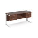 Dams Maestro 25 straight desk in walnut and white finish with two fixed 2-drawer pedestals and cantilever legs.