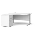 White and silver Maestro 25 ergonomic desk and high pedestal bundle by Dams, 1400mm length, left-hand configuration.