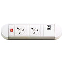 Dams Chroma clip-on power module with two UK sockets and twin USB fast charge ports, white color, mounted on a surface.