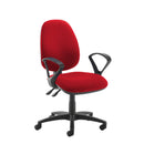 Black Dams Jota high back operators chair with no arms, ergonomic design, adjustable headrest, and mesh back for comfort.