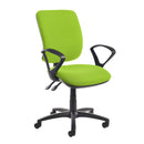 Green Dams Senza high back operators chair with fixed loop arms and ergonomic design.