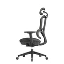 Dams Shelby mesh back operator chair with fabric seat and adjustable headrest, shown from the side view.