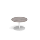 Dams Monza circular coffee table with grey oak finish, flat round base, 800mm diameter, modern design, displayed in a living room setting.