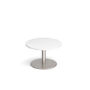 White Monza circular coffee table with flat round base, 800mm diameter, by Dams, featuring a sleek modern design.