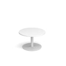 White Monza circular coffee table by Dams with flat round base, 800mm diameter, modern and sleek design.