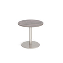 Dams Monza circular dining table with grey oak finish, flat round base, 800mm diameter, modern design, showcasing the table's surface and base.